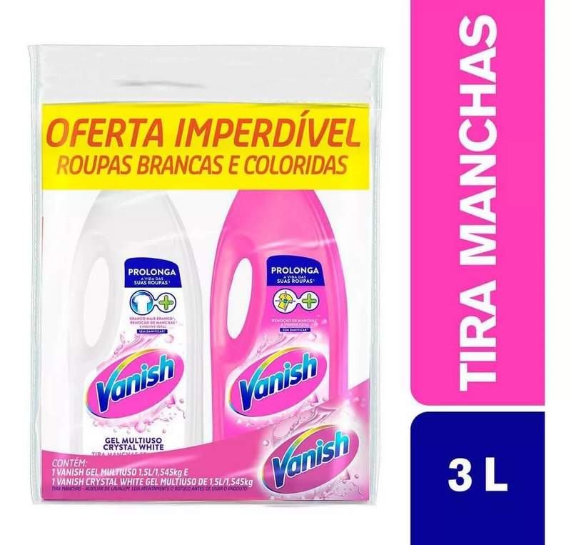 Kit 10 Tira manchas Vanish Oxi Action Crystal White Branqueador em pó 400 g + Kit Alvejante Multiuso + Branqueador Crystal White Sem Cloro Vanish 1,5l