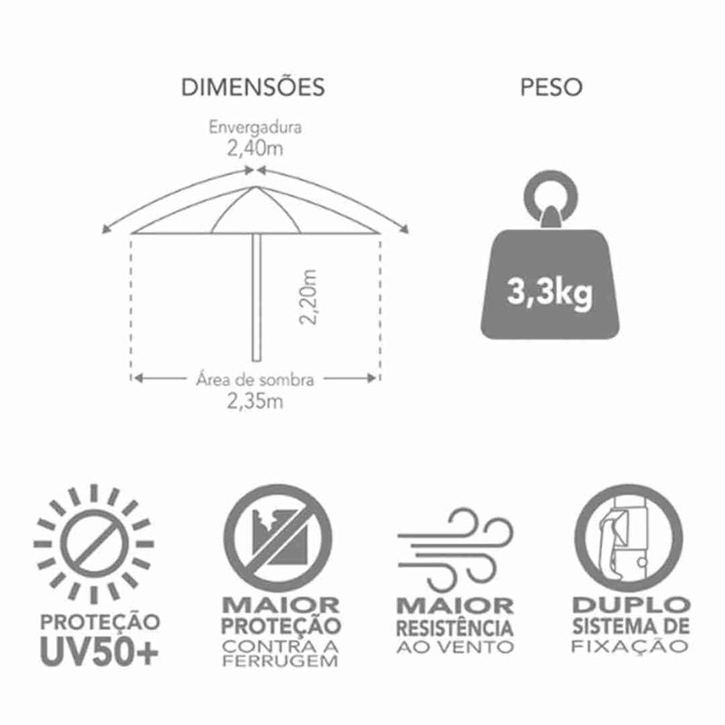 Kit Guarda Sol Ombrelone 2,4m Malibu Vermelho 4 Cadeira 8 Posições Alumínio Praia Piscina Camping - Tobee