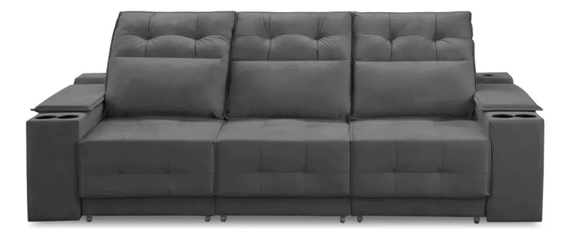 Sofá Ret Rec 3 Lug 2,10m Porta Copos Usb Hannah Suede Cinza
