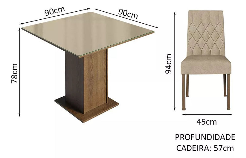 Sala Jantar Estofada Mesa Tampo Vidro 4 Cadeiras Madesa Anaju Rci Cor Rustic/Crema/Imperial MDJA0401387GSIM