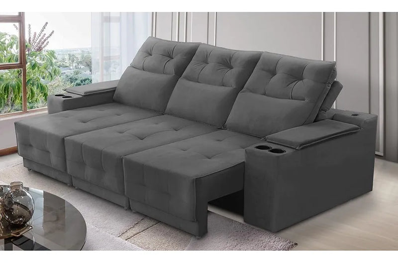 Sofá Ret Rec 3 Lug 2,10m Porta Copos Usb Hannah Suede Cinza