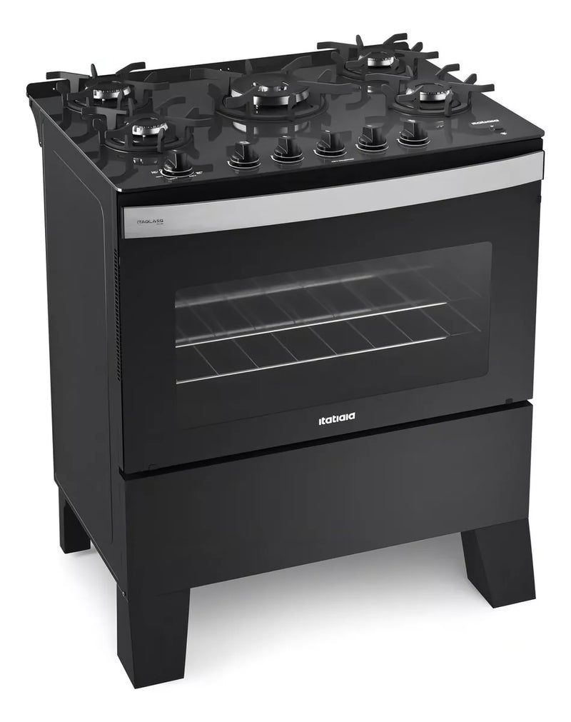 Fogão 5 Bocas Itaglass Plus Itatiaia Mesa de Vidro Automático Tripla Chama Bivolt com Forno 82L Preto Fosco