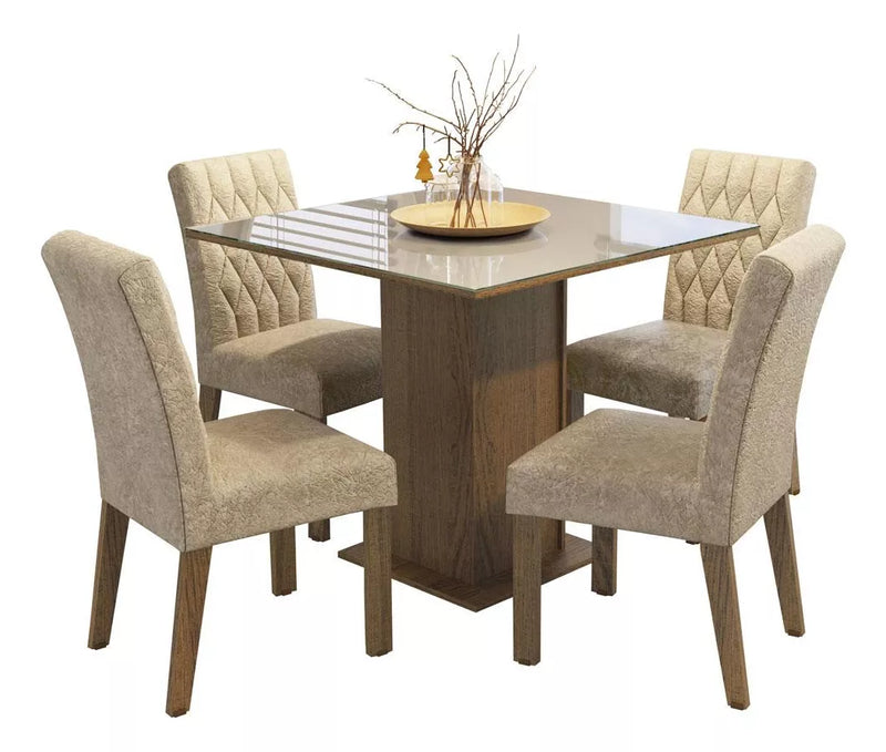 Sala Jantar Estofada Mesa Tampo Vidro 4 Cadeiras Madesa Anaju Rci Cor Rustic/Crema/Imperial MDJA0401387GSIM