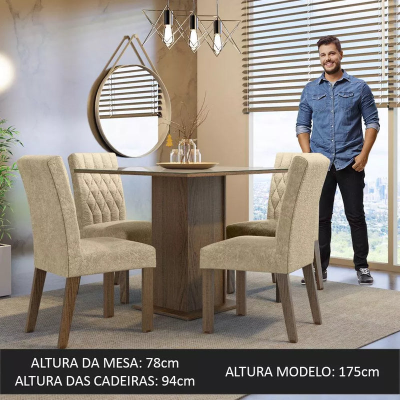 Sala Jantar Estofada Mesa Tampo Vidro 4 Cadeiras Madesa Anaju Rci Cor Rustic/Crema/Imperial MDJA0401387GSIM