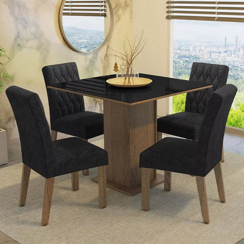 Sala Jantar Estofada Mesa Tampo Vidro 4 Cadeiras Madesa Anaju Rci Cor Rustic/Crema/Imperial MDJA0401387GSIM