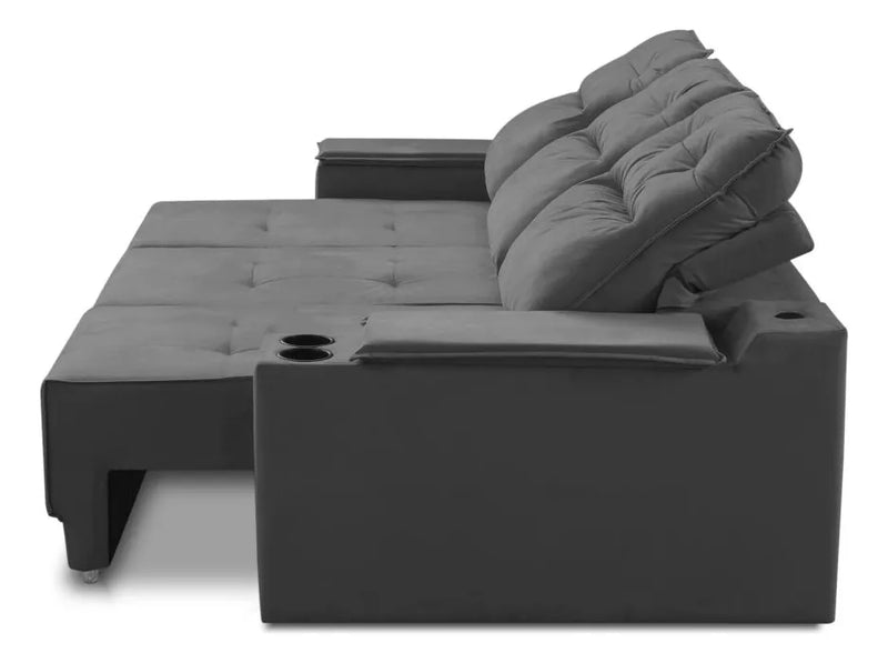Sofá Ret Rec 3 Lug 2,10m Porta Copos Usb Hannah Suede Cinza