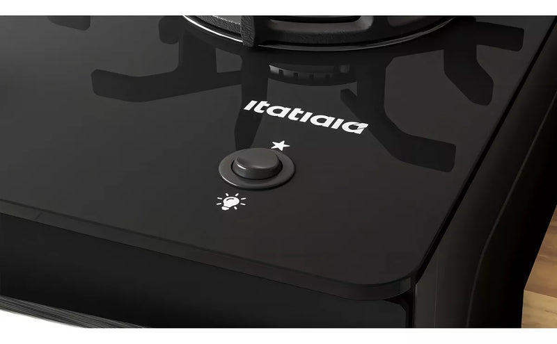 Fogão 5 Bocas Itaglass Plus Itatiaia Mesa de Vidro Automático Tripla Chama Bivolt com Forno 82L Preto Fosco