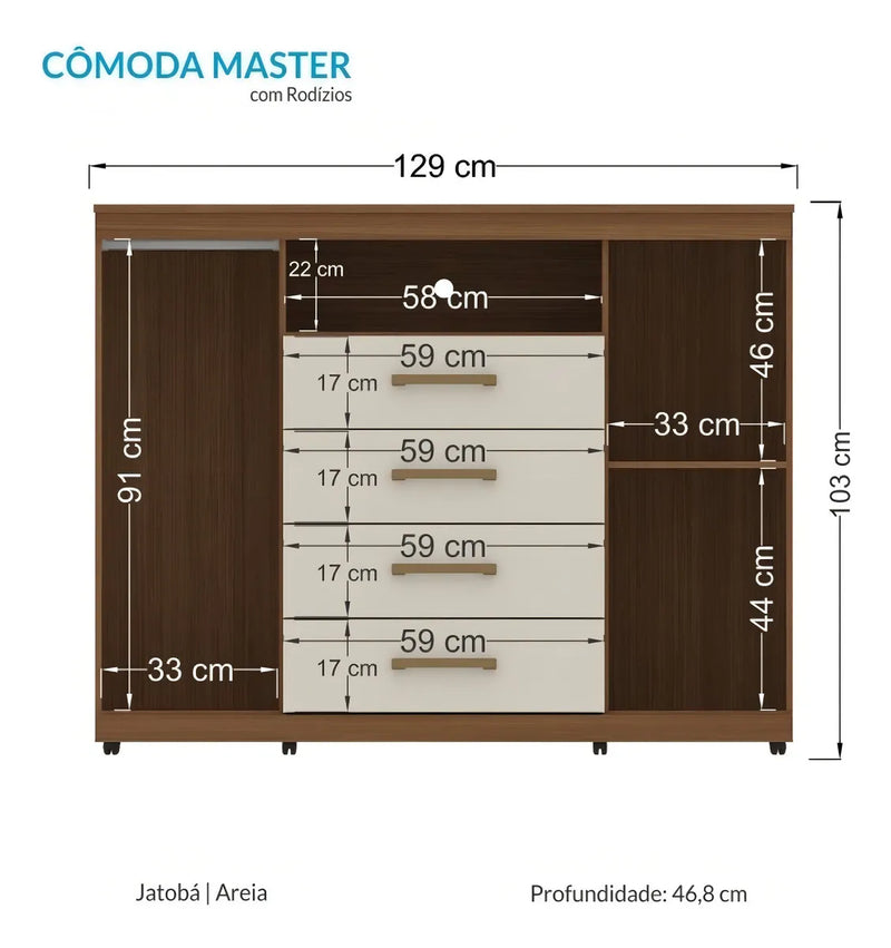 Cômoda Para Quarto 2 Portas 4 Gavetas 1 Nicho Master Fc