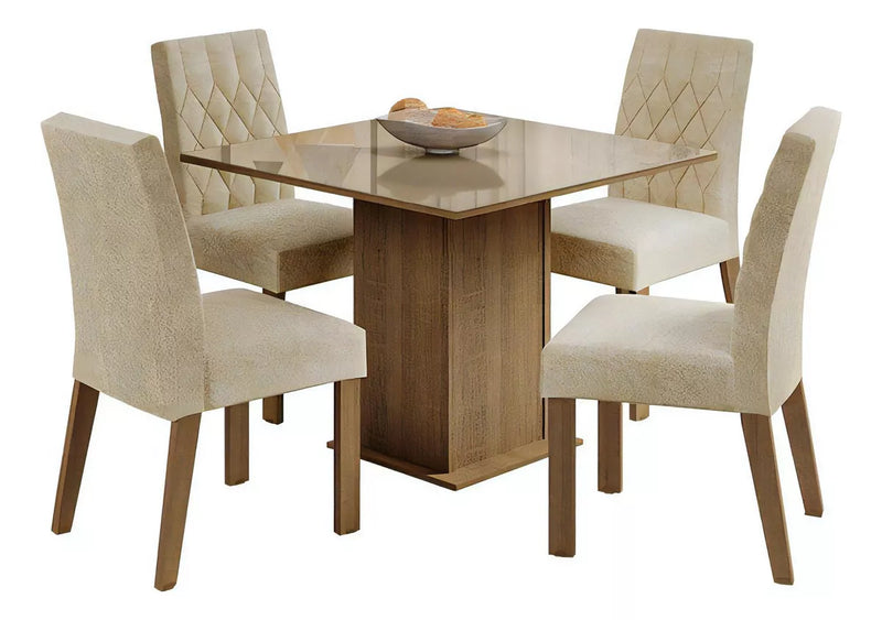 Sala Jantar Estofada Mesa Tampo Vidro 4 Cadeiras Madesa Anaju Rci Cor Rustic/Crema/Imperial MDJA0401387GSIM