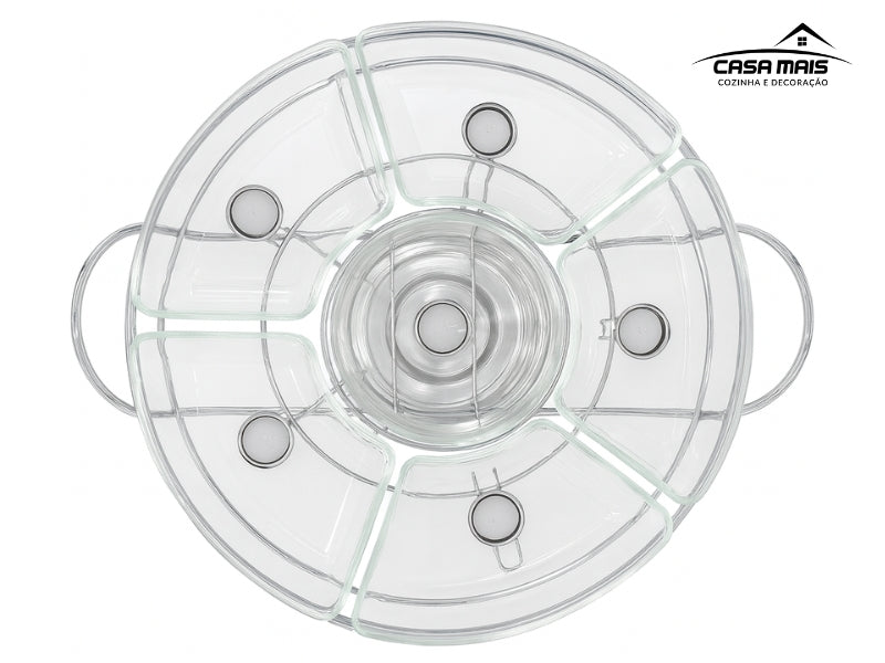 Rechaud Giratório Com 6 Compartimentos Aço Inox e Vidro 52cm