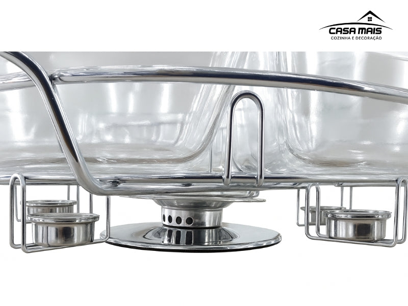 Rechaud Giratório Com 6 Compartimentos Aço Inox e Vidro 52cm