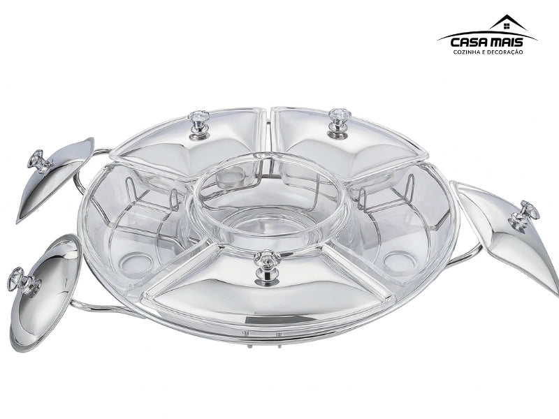 Rechaud Giratório Com 6 Compartimentos Aço Inox e Vidro 52cm
