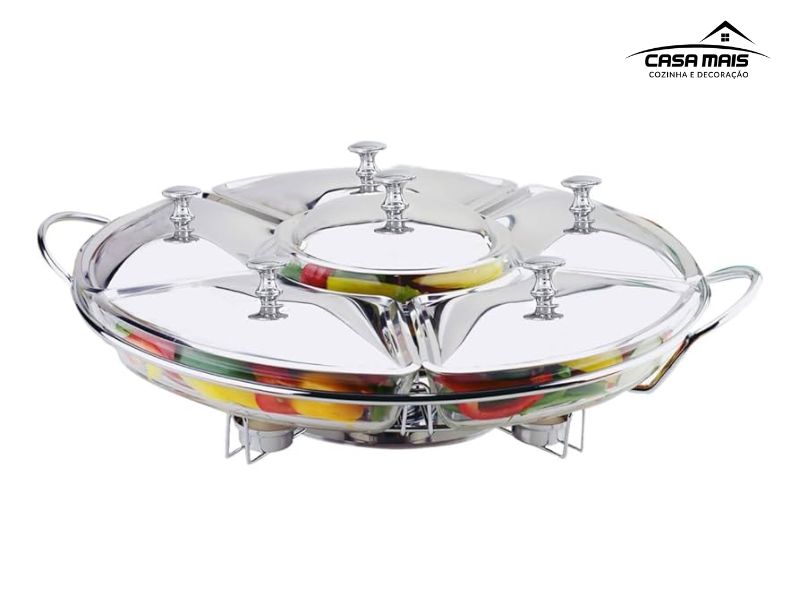 Rechaud Giratório Com 6 Compartimentos Aço Inox e Vidro 52cm