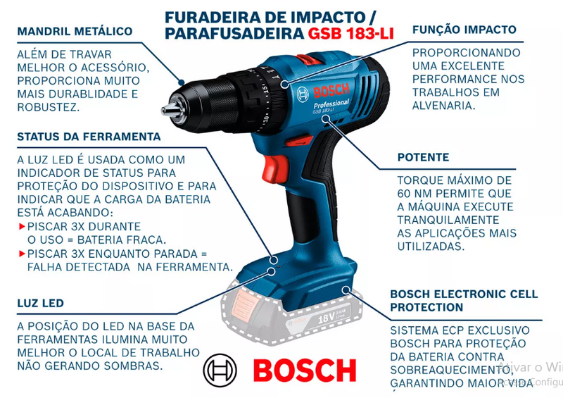 Parafusadeira E Furadeira De Impacto Bosch A Bateria 18v Maleta - Gsb 183-li Com Kit Brocas Buchas E Bits 300 Peças