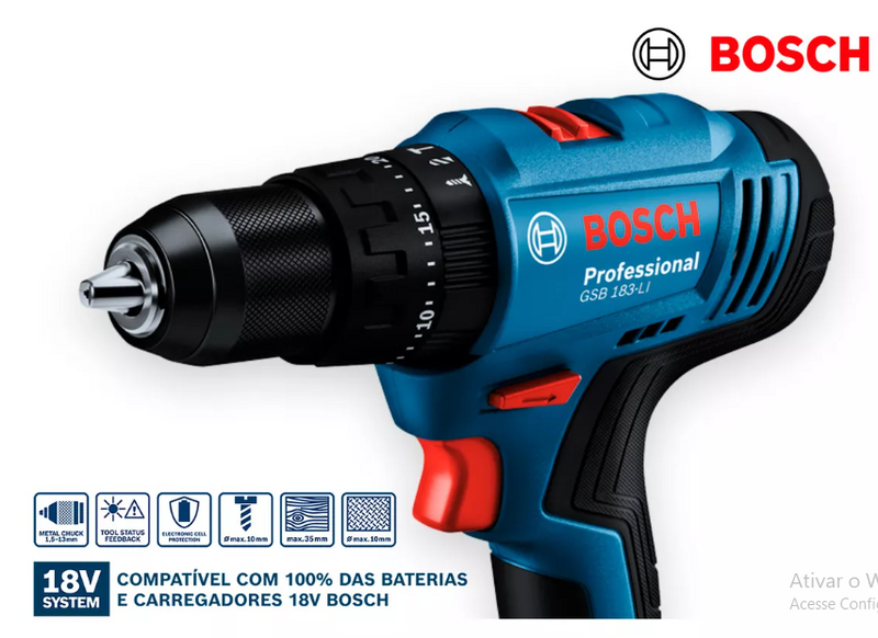 Parafusadeira E Furadeira De Impacto Bosch A Bateria 18v Maleta - Gsb 183-li Com Kit Brocas Buchas E Bits 300 Peças