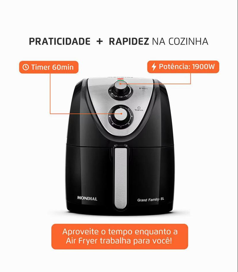 Fritadeira Sem Óleo Air Fryer 5L, Mondial, Preto/Inox, 1900W, BVOLT - AFN-50-BI (