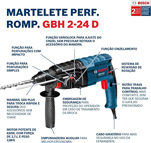 Bosch Martelete Perfurador Gbh 2-24 D 820W 220V Com 5 Brocas E Maleta